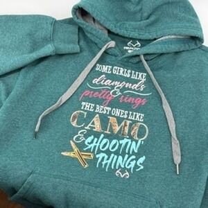 Realtree Camo Shooting Things Graphic Hoodie Sweatshirt Teal Green Women's Small